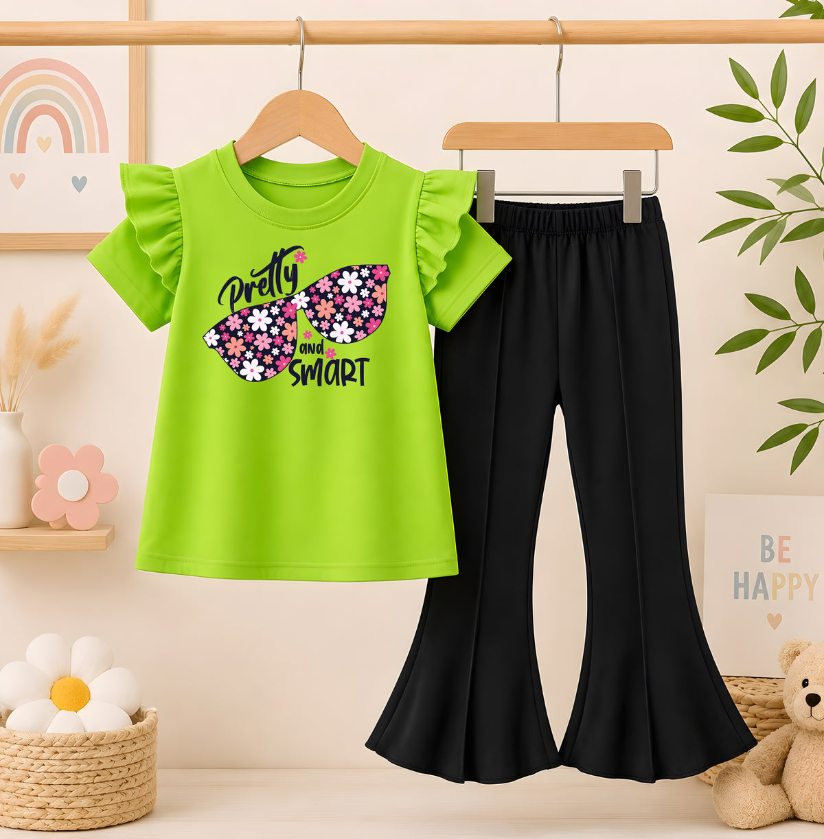Pretty Parrot T-Shirt With Black Flyper Trouser set For kids