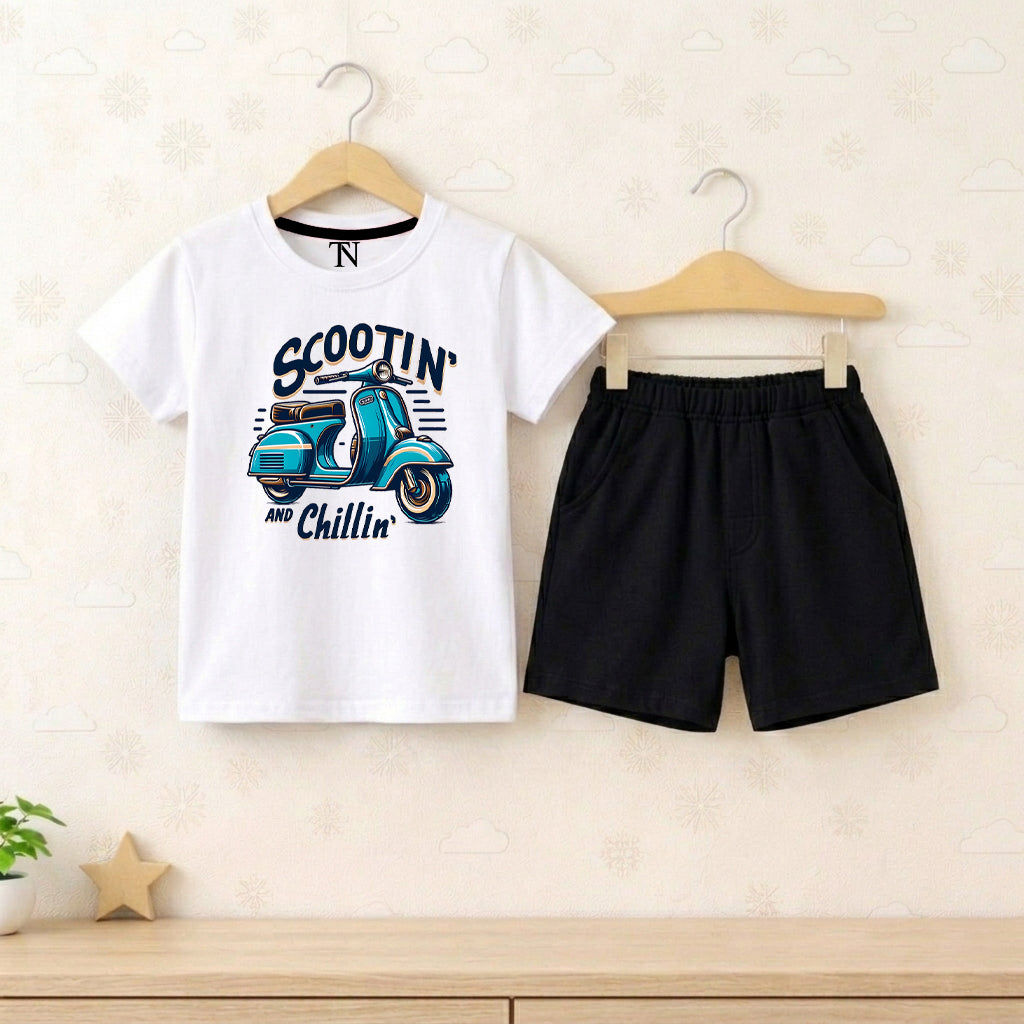 Scooter White shirt with Black Short Set For Kids