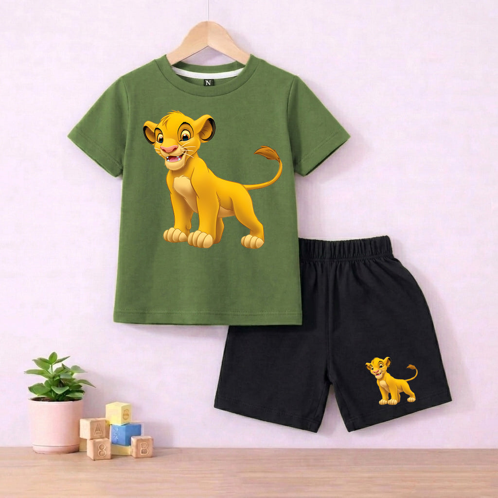 Simba Olive Green shirt with Black Short Set For Kids