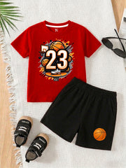 BasktBall Red Shirt with Black Short Set For Kids