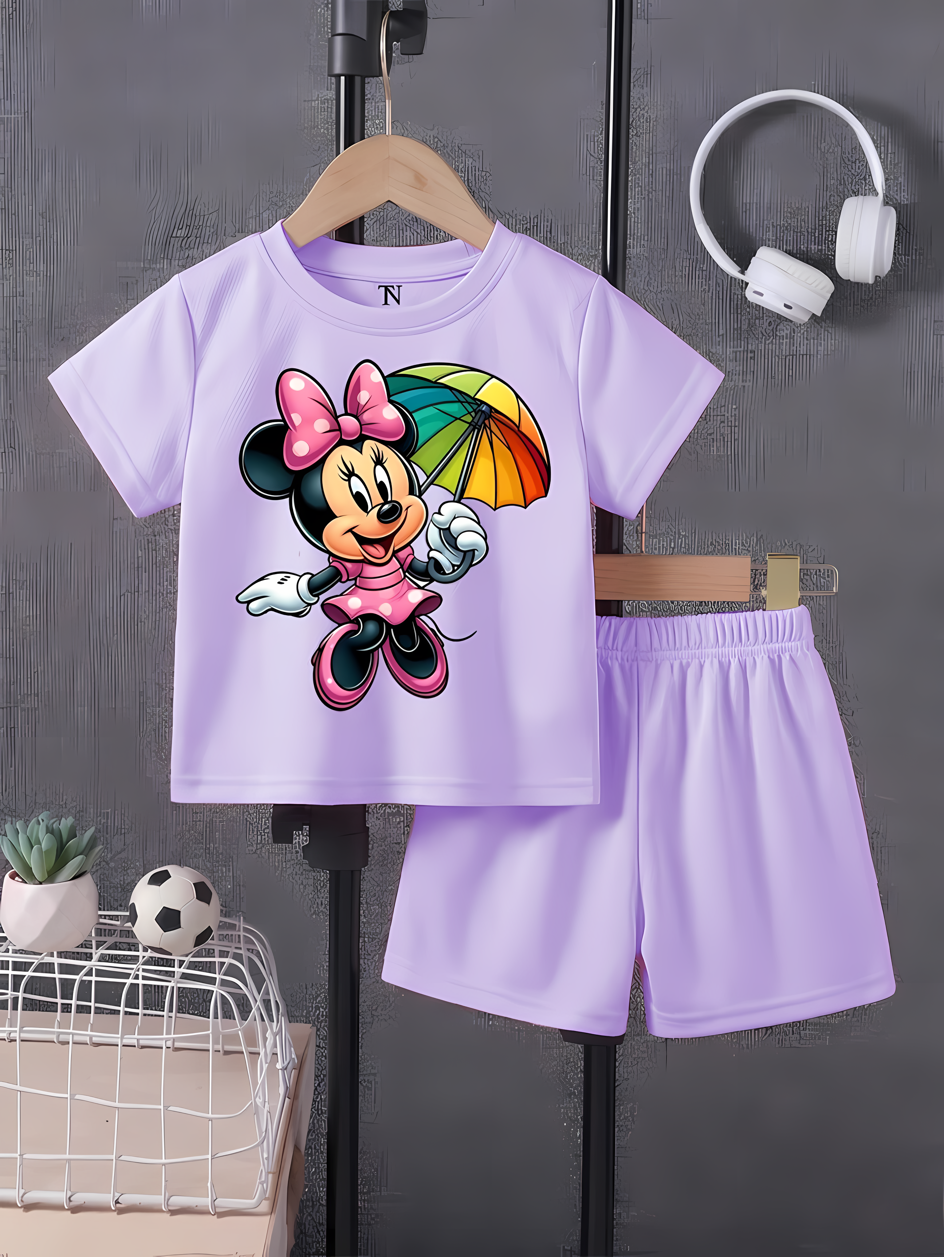 cute Minnie Light Purple shirt with Light Purple Short Set For Kids