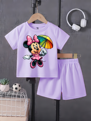 cute Minnie Light Purple shirt with Light Purple Short Set For Kids