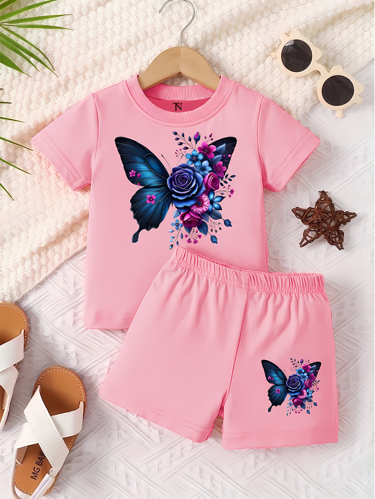 blue butterfly Pink shirt with Pink Short Set For Kids