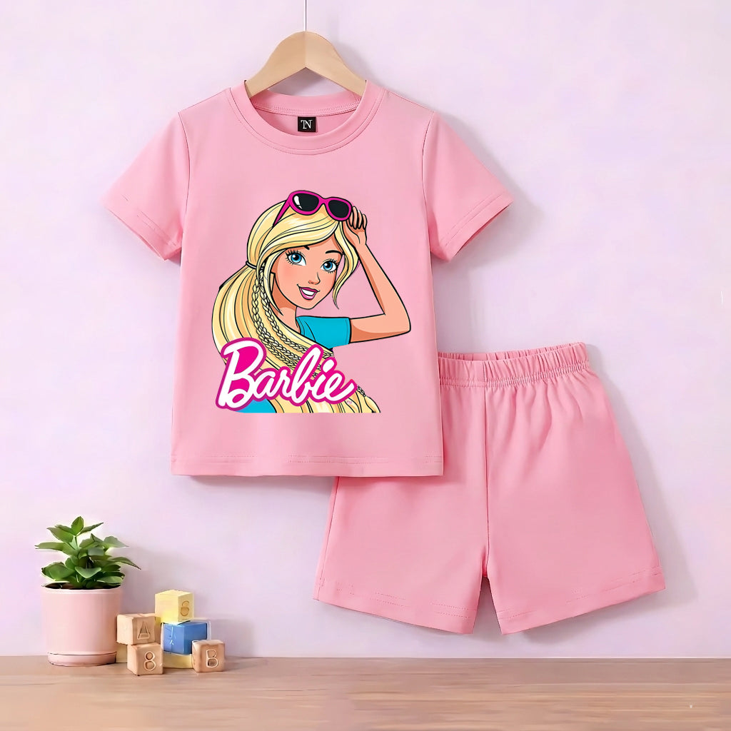 Barbie Pink shirt with Pink Short Set For Kids