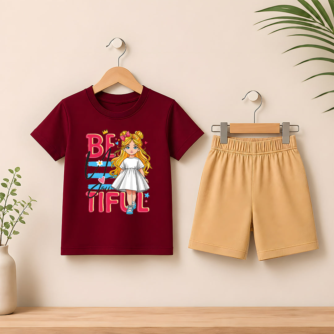 Beautiful Girl Maroon shirt with skin Short set For kids