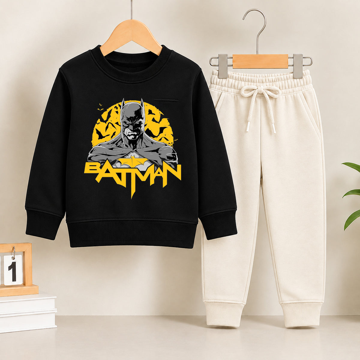 Batman Black Sweatshirt With off white Trouser Set For Kids