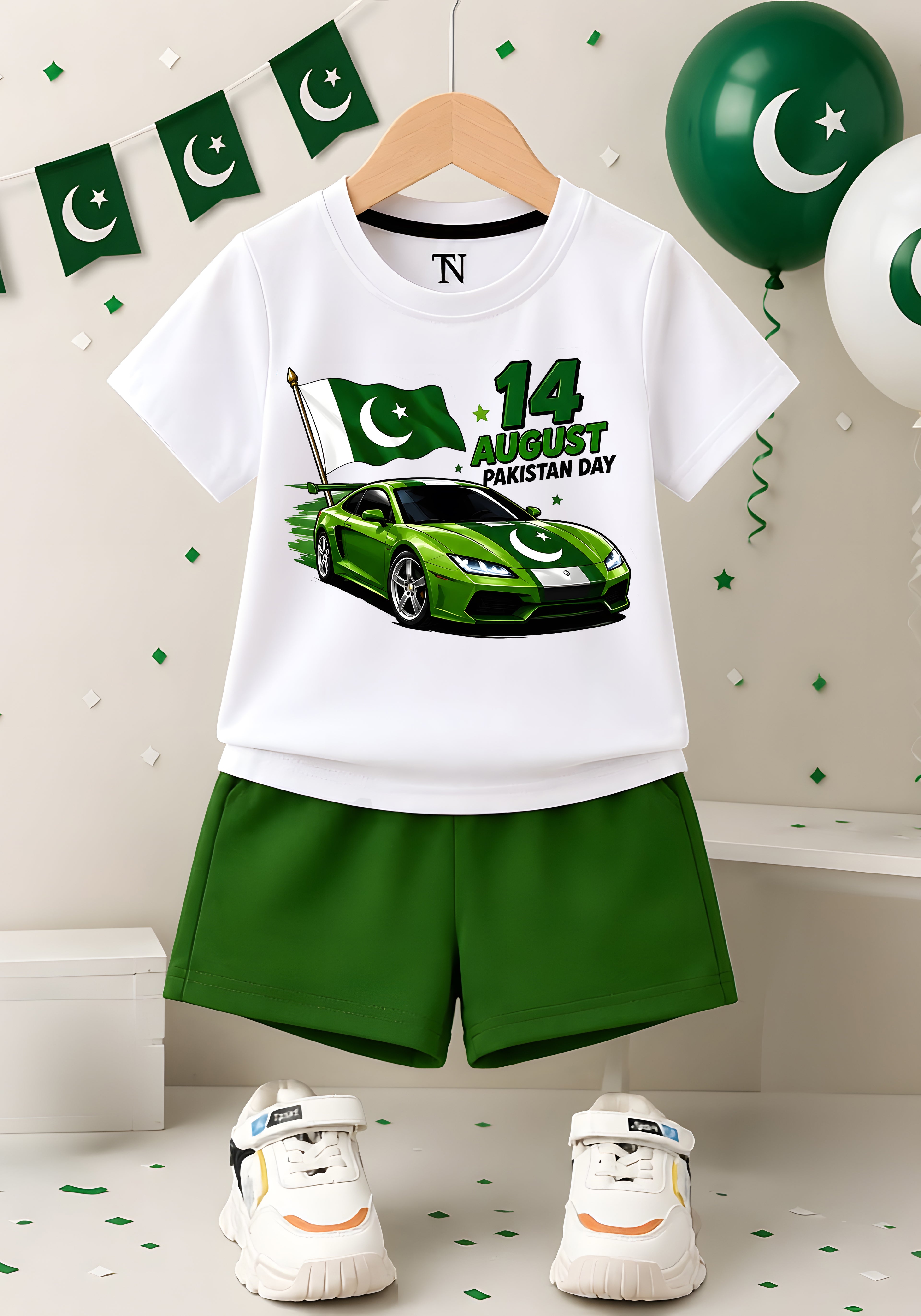 14 August Car White shirt with Green Short set For kids