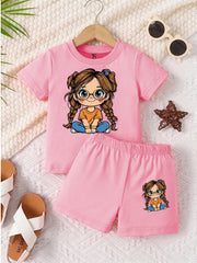 Cute Girl  Pink shirt with Pink Short Set For Kids