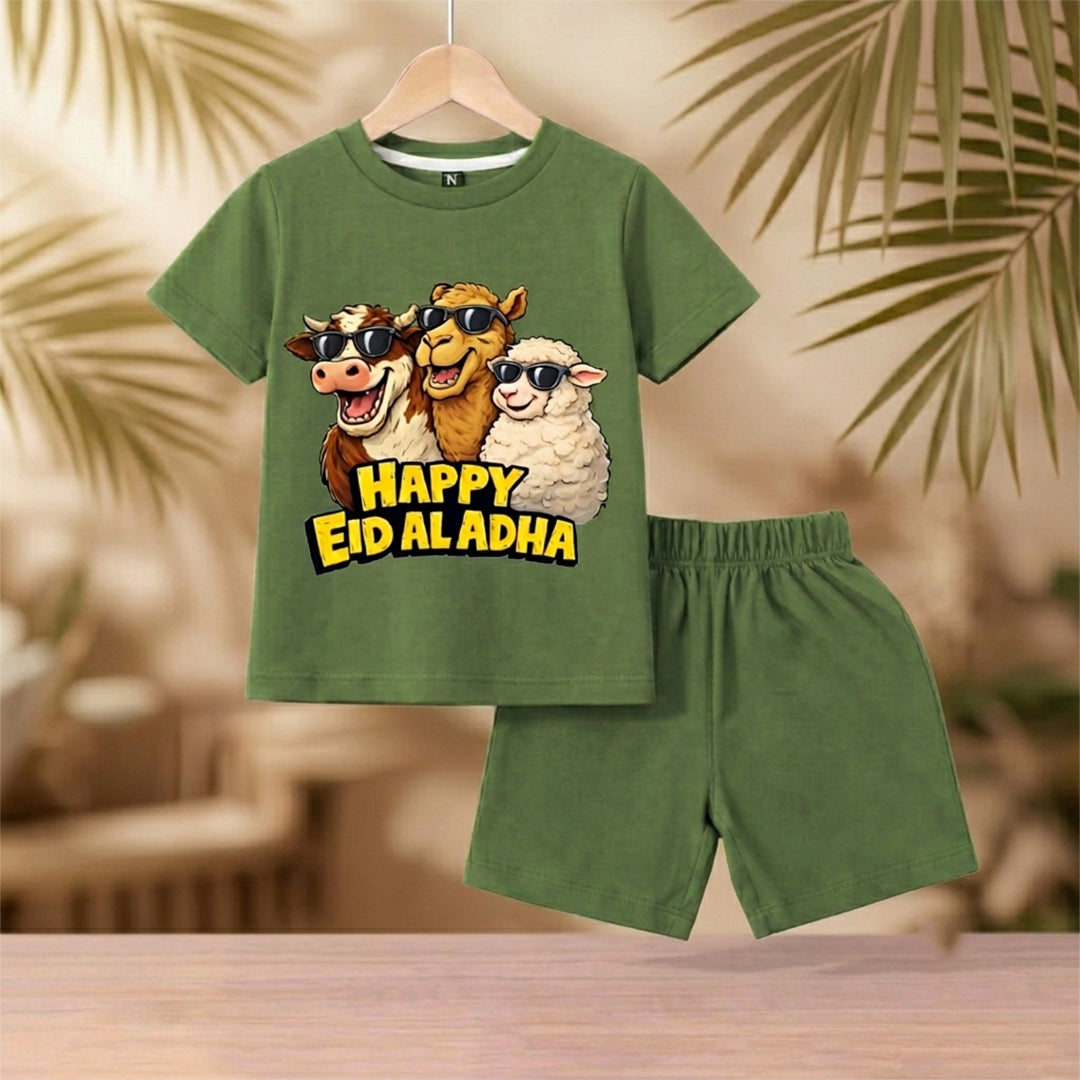 Olive Green Eid ul Adha Kids Summer Set – sheep Print T-Shirt with Shorts