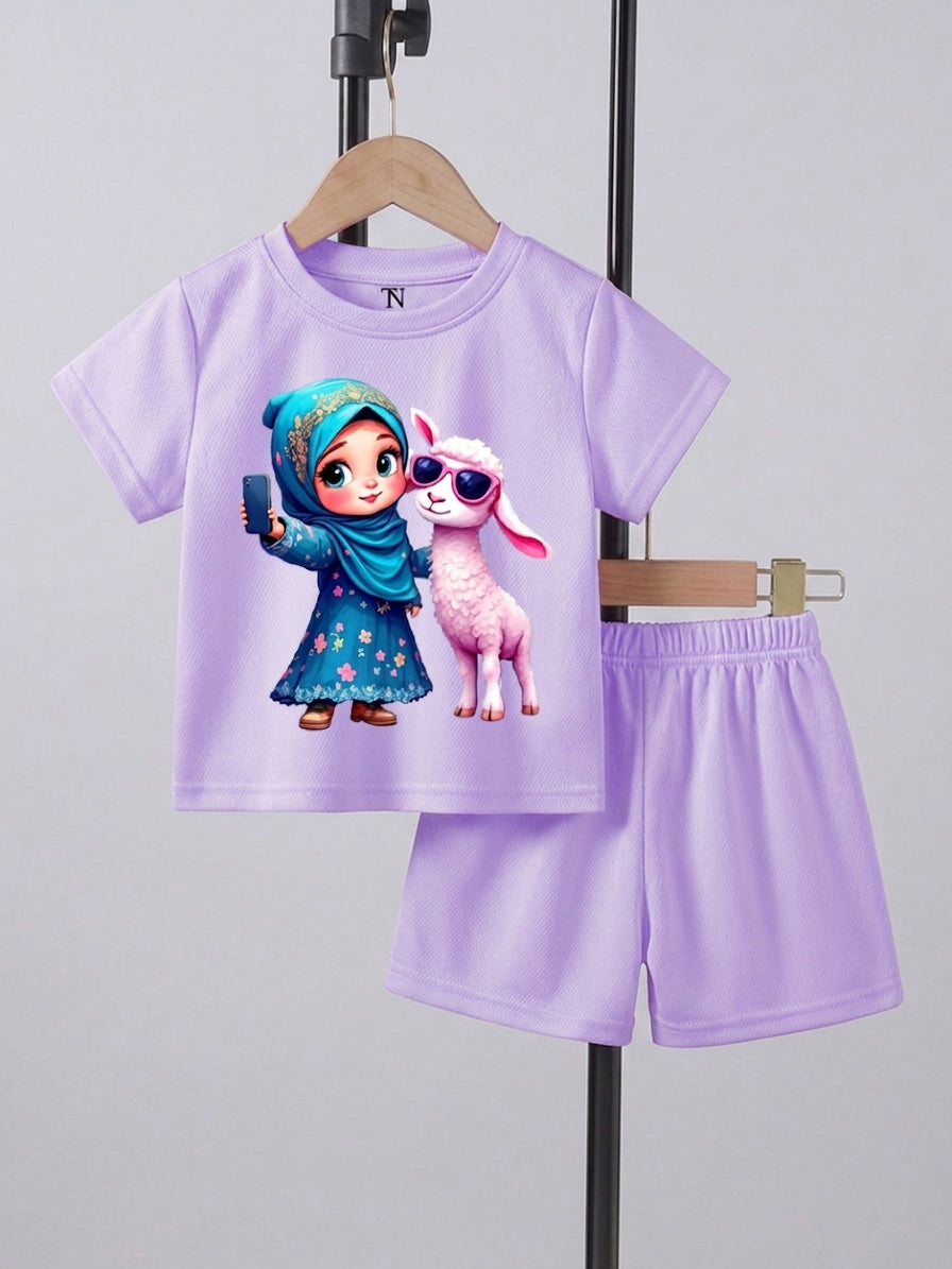 Cute Girl and Lamb Light Purple Eid ul Adha Kids Summer Set – Lamb Print T-Shirt with Shorts (Copy)