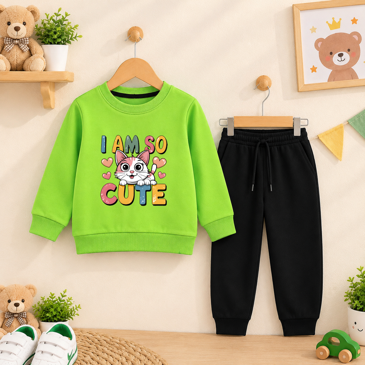 I am so Cute Green Sweatshirt with black trouser  For Kids