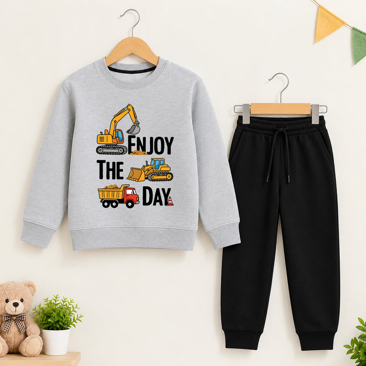 Enjoy the day Grey Sweatshirt With Black Trouser Set For Kids