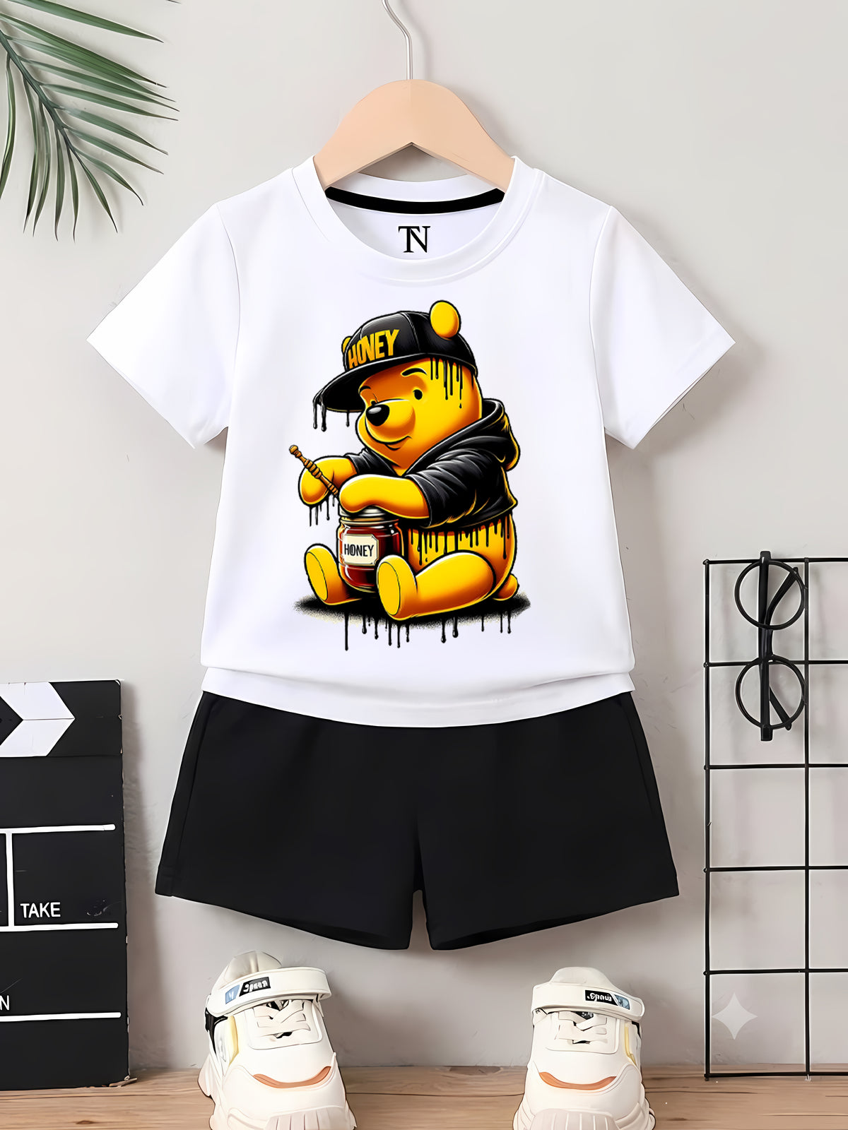 Honey Bear White shirt with Black Short Set For Kids