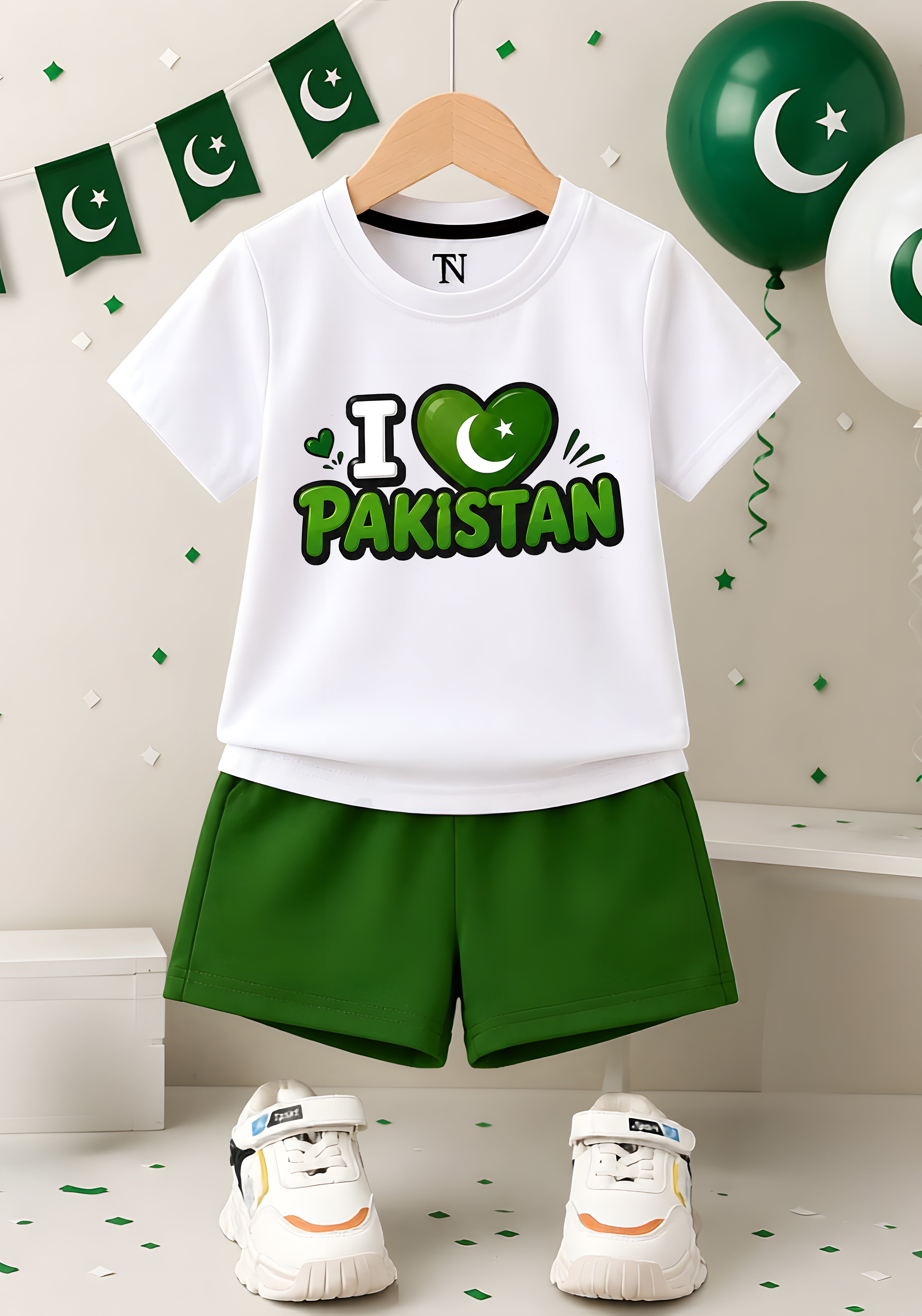 I Love Pakistan White shirt with Green Short set For kids