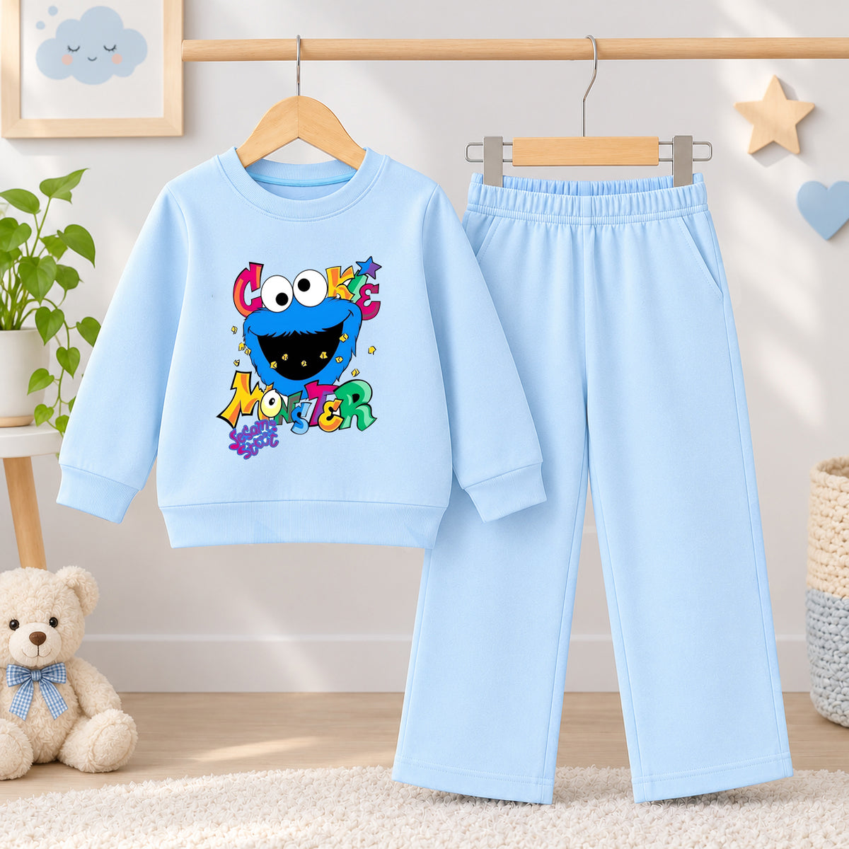 Cookie Monster light Blue Sweatshirt With Blue Trouser Set For Kids