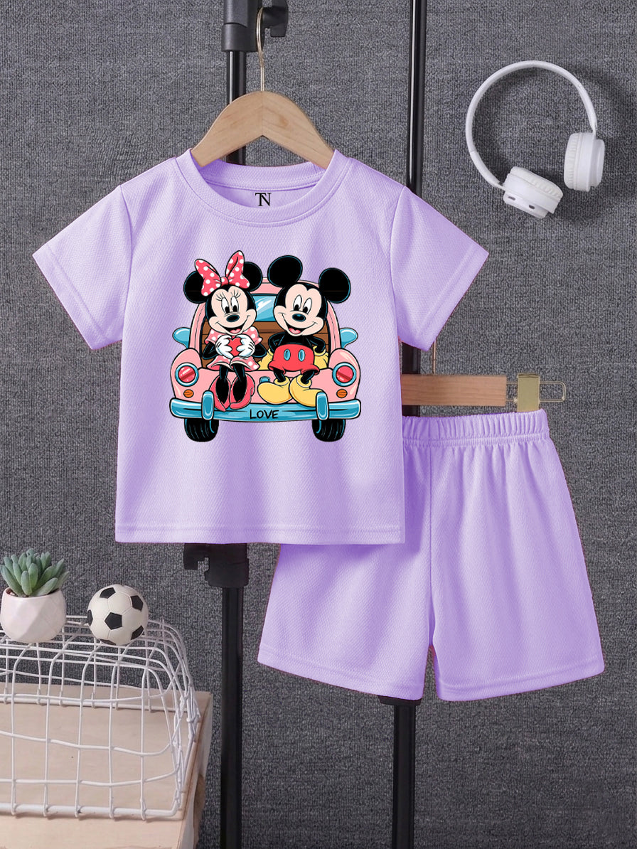 Mickey Minnie Light Purple shirt with Light Purple Short Set For Kids