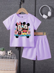 Mickey Minnie Light Purple shirt with Light Purple Short Set For Kids