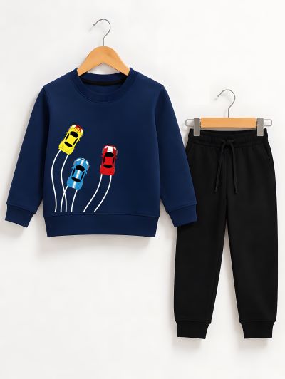 Car Navy Blue Sweatshirt With Black Trouser Set For Kids