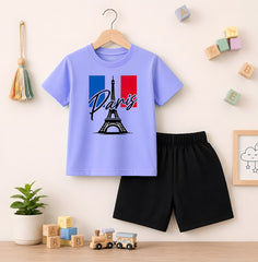 Paris Sky Blue shirt with Black Short Set For Kids