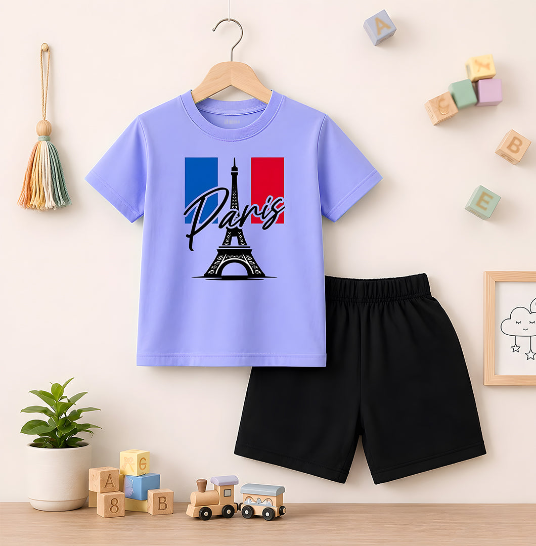 Paris Sky Blue shirt with Black Short Set For Kids