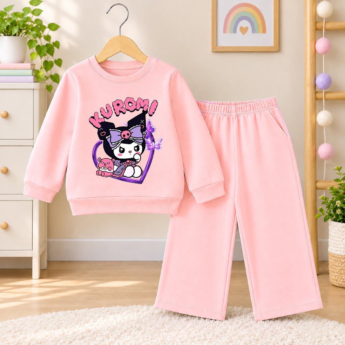 Kuromi light Pink Sweatshirt With Pink Trouser Set For Kids