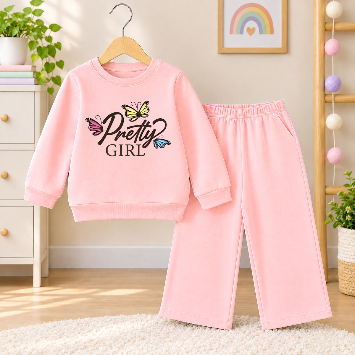 Pretty Girl Pink Sweatshirt With Pink Trouser Set For Kids