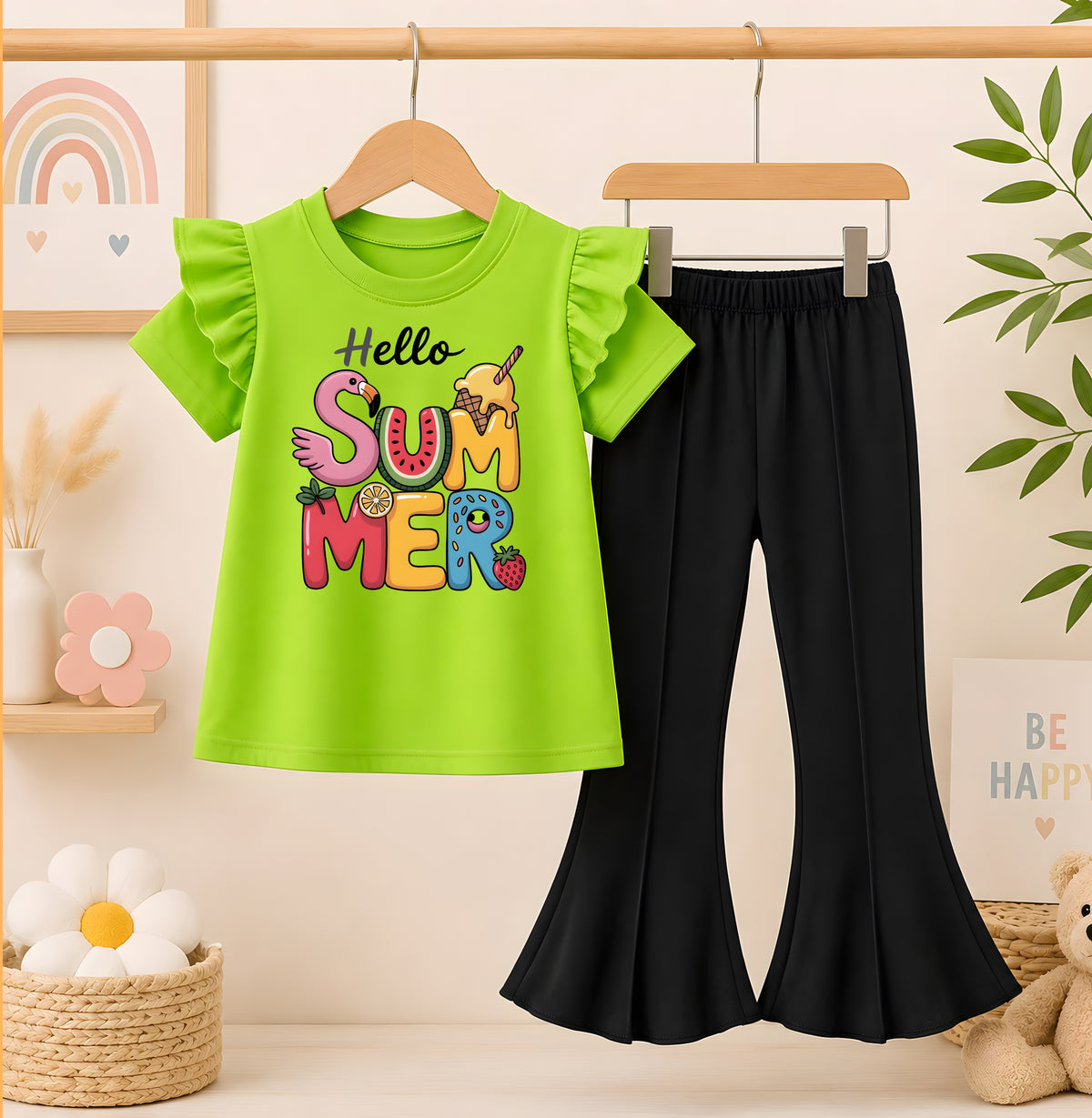 SUMMER Parrot T-Shirt With Black Flyper Trouser set For kids