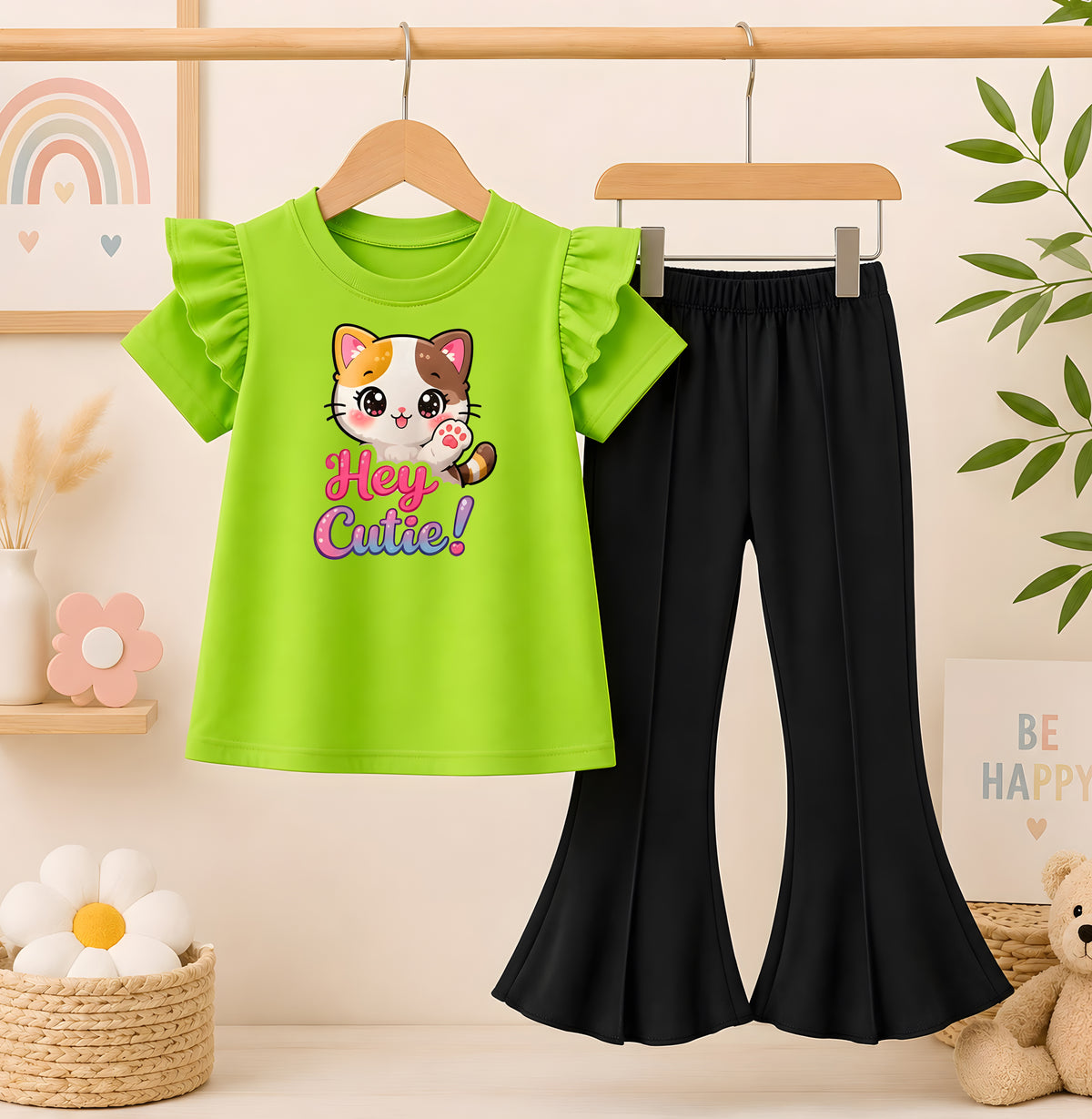 HY Cutie Parrot T-Shirt With Black Flyper Trouser set For kids