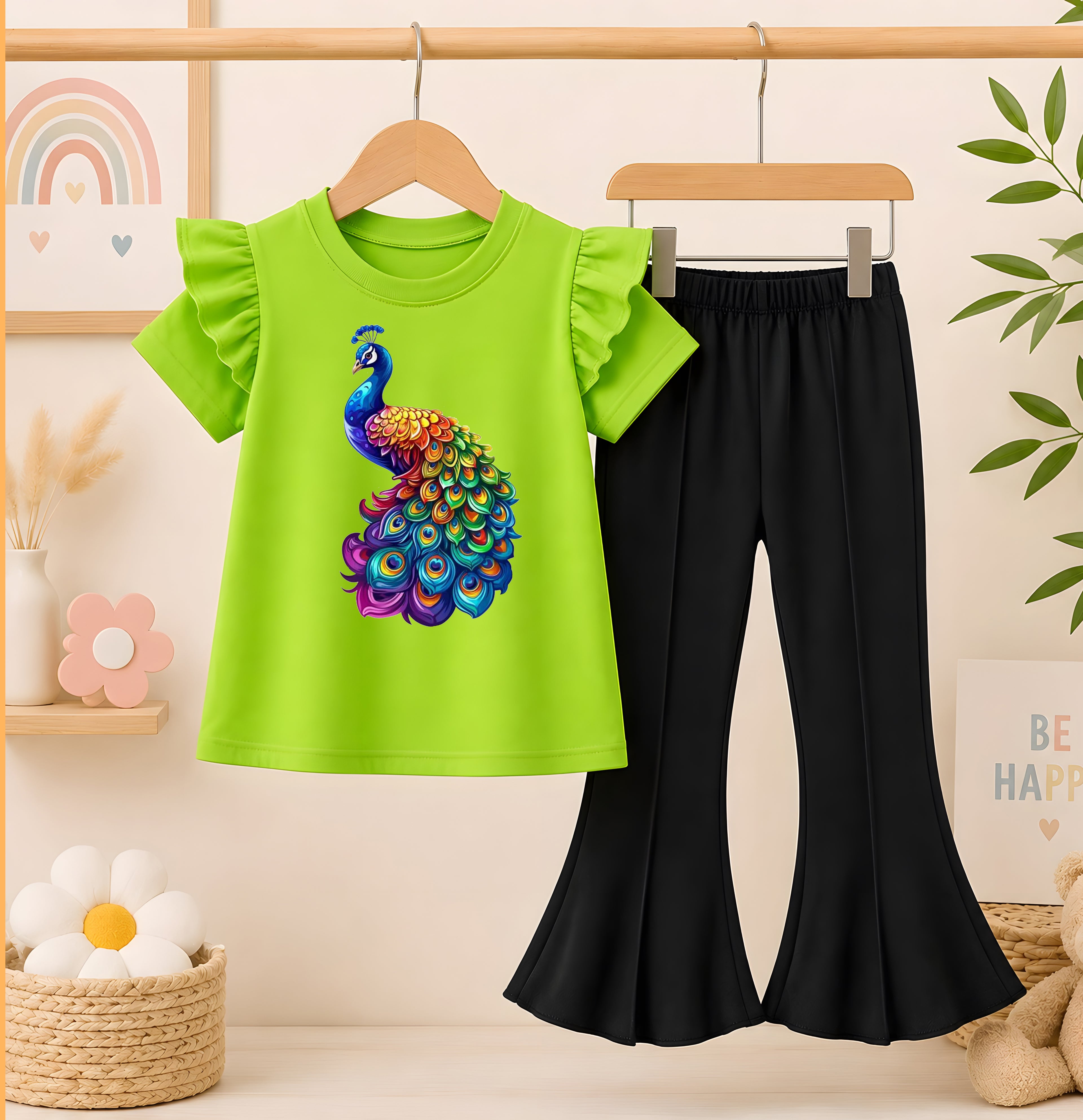 Peacock Parrot T-Shirt With Black Flyper Trouser set For kids