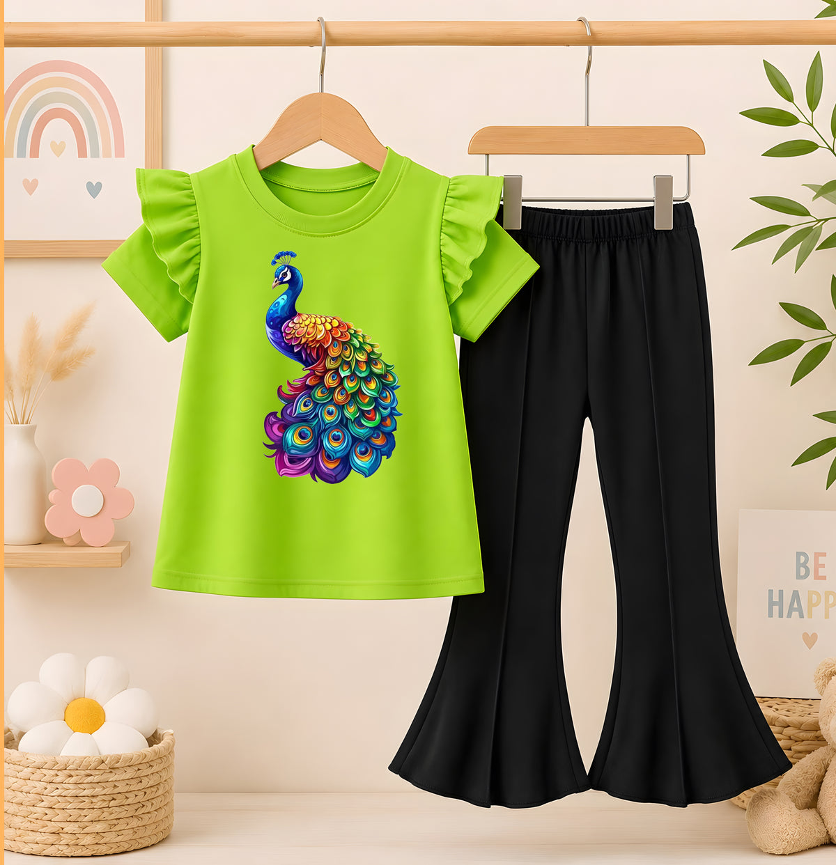 Peacock Parrot T-Shirt With Black Flyper Trouser set For kids
