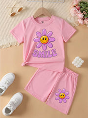 Smile  Pink shirt with Smile Pink Short Set For Kids