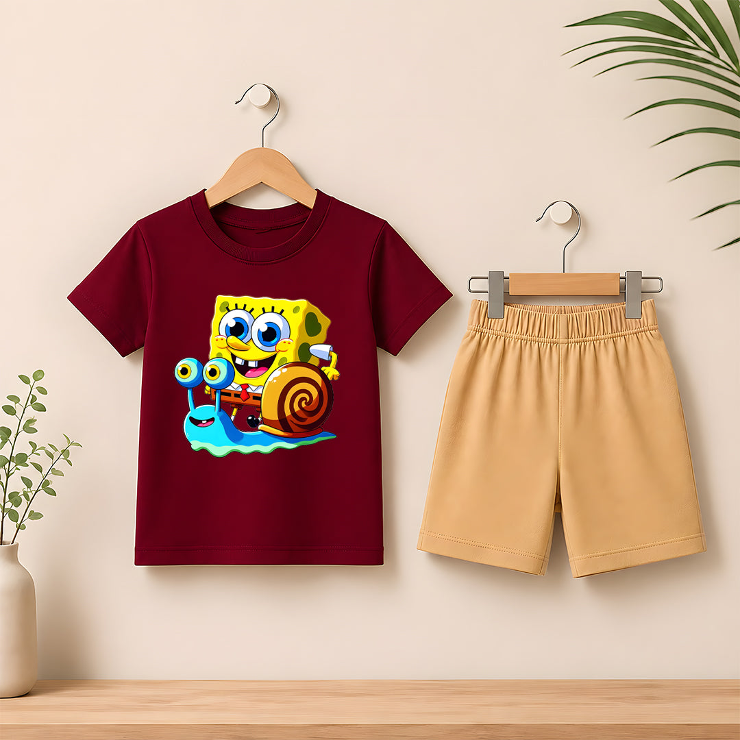 Spongebob Maroon shirt with skin Short set For kids