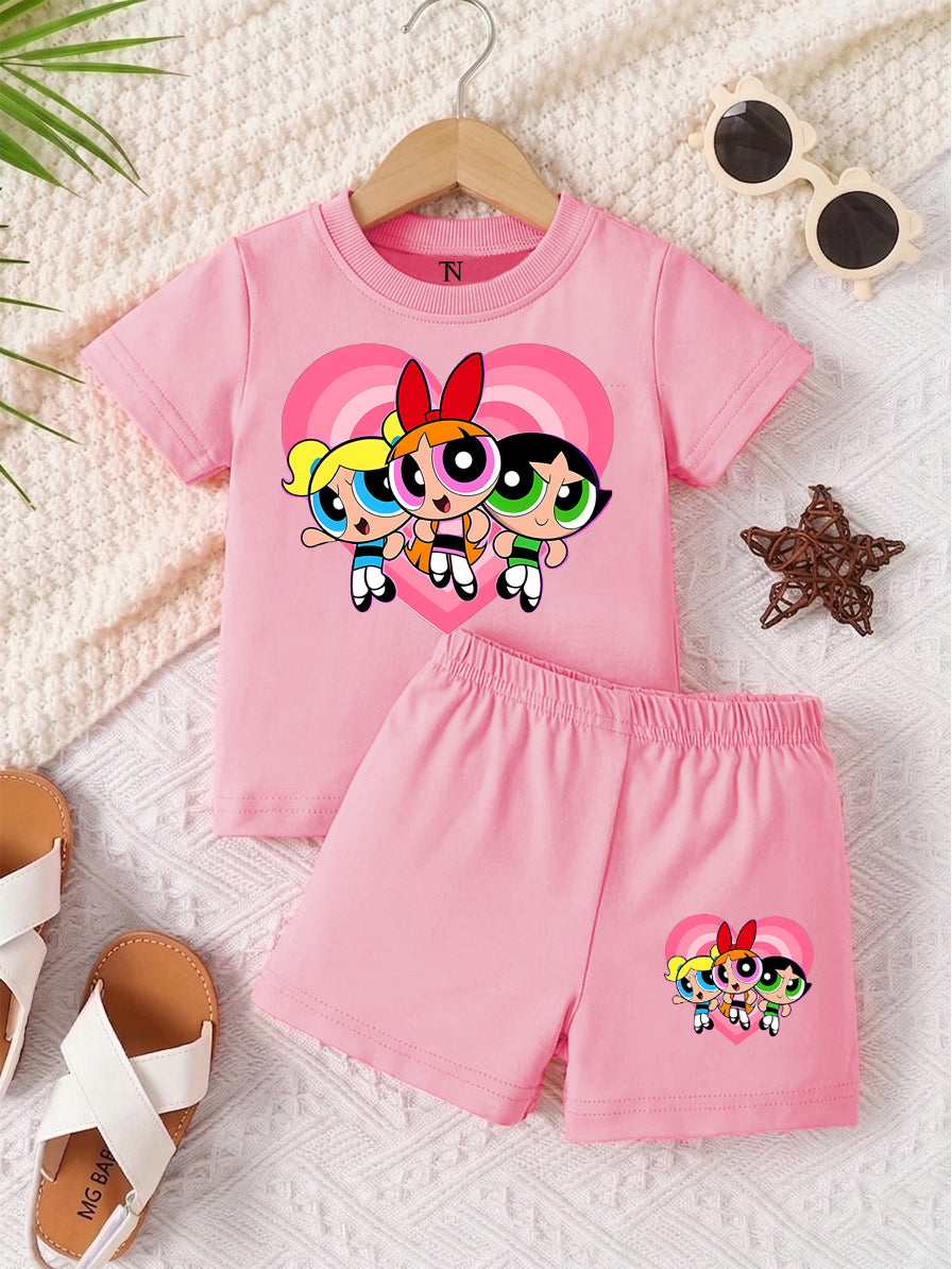 The PowerPuff Girl Pink shirt with Pink Short Set For Kids