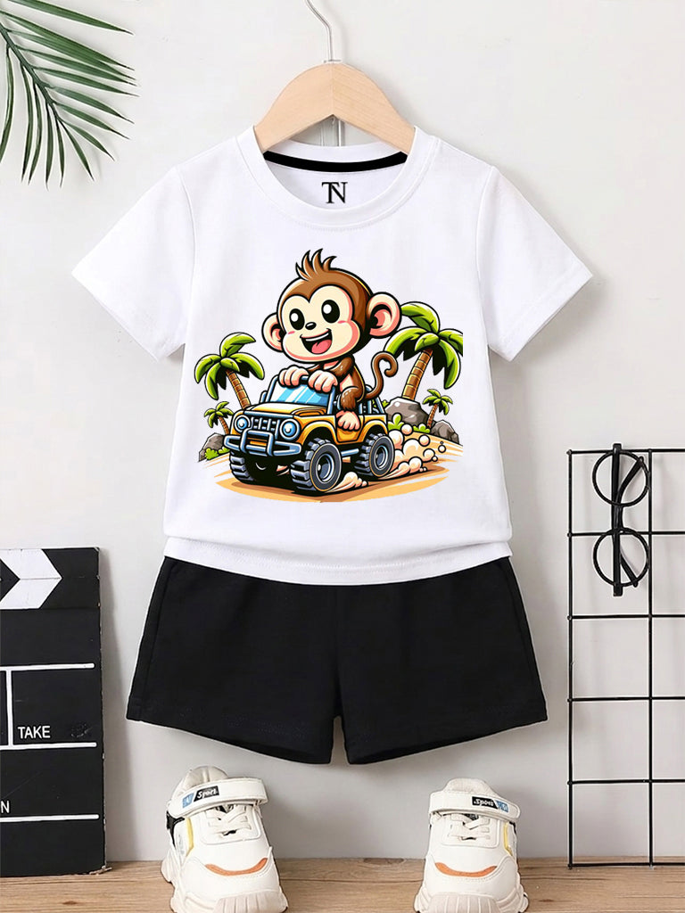 Monkey Car  White shirt with Black Short Set For Kids