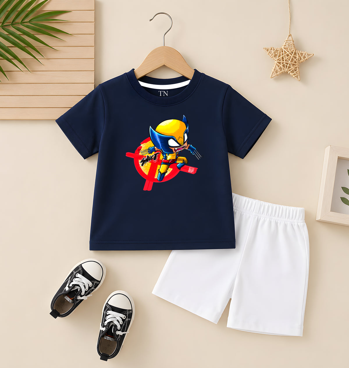Wolverine Navy  Blue shirt with White Short Set For Kids