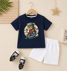 B Rider Navy Blue shirt with White Short Set For Kids